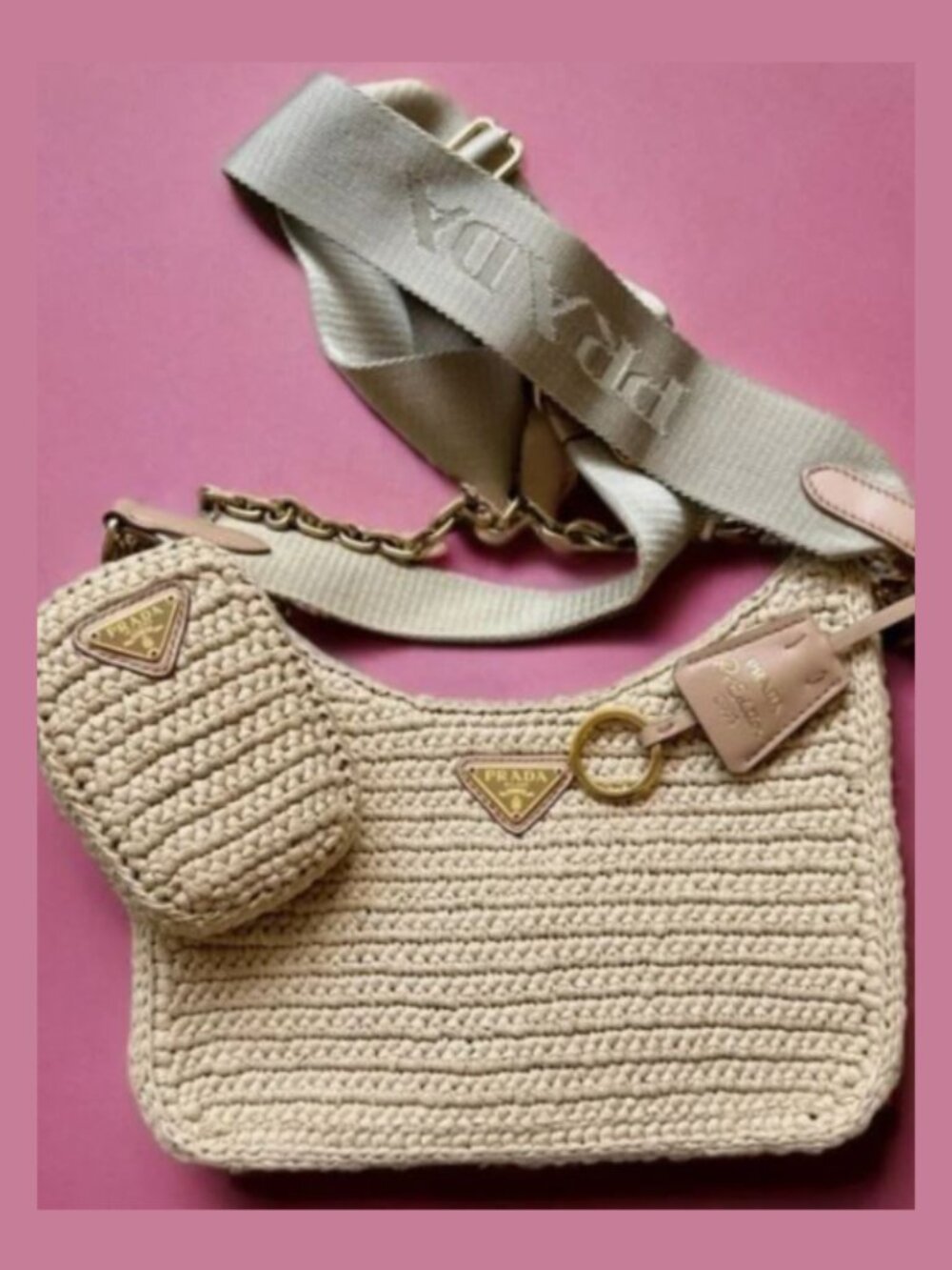 Prada Raffia Re-Edition 2005 Shoulder Bag Crossbody Beige Gold Tone Chain